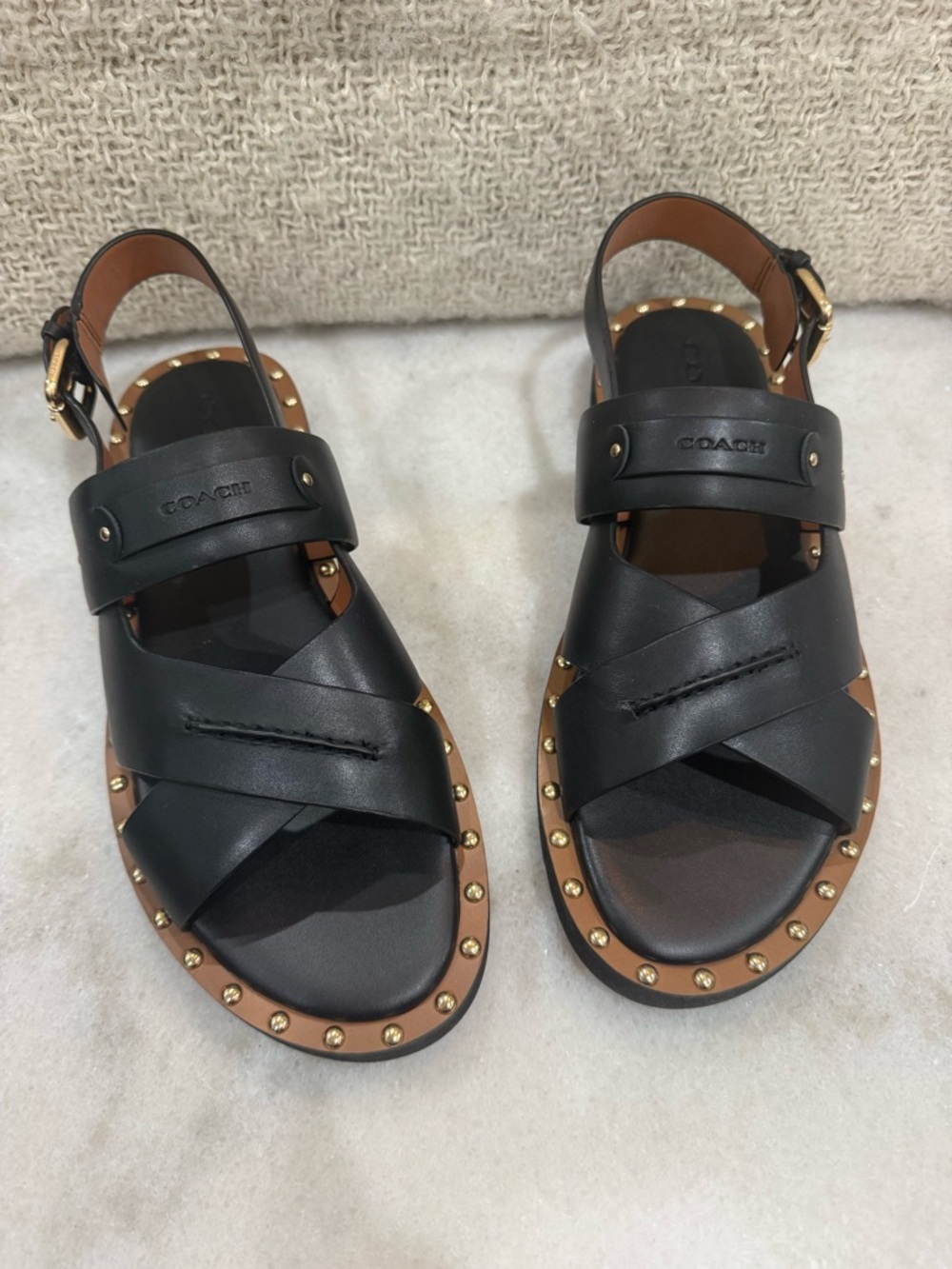 Coach Black Leather Studded Cross-Strap Sandals New Size 9 - Picture 4 of 6